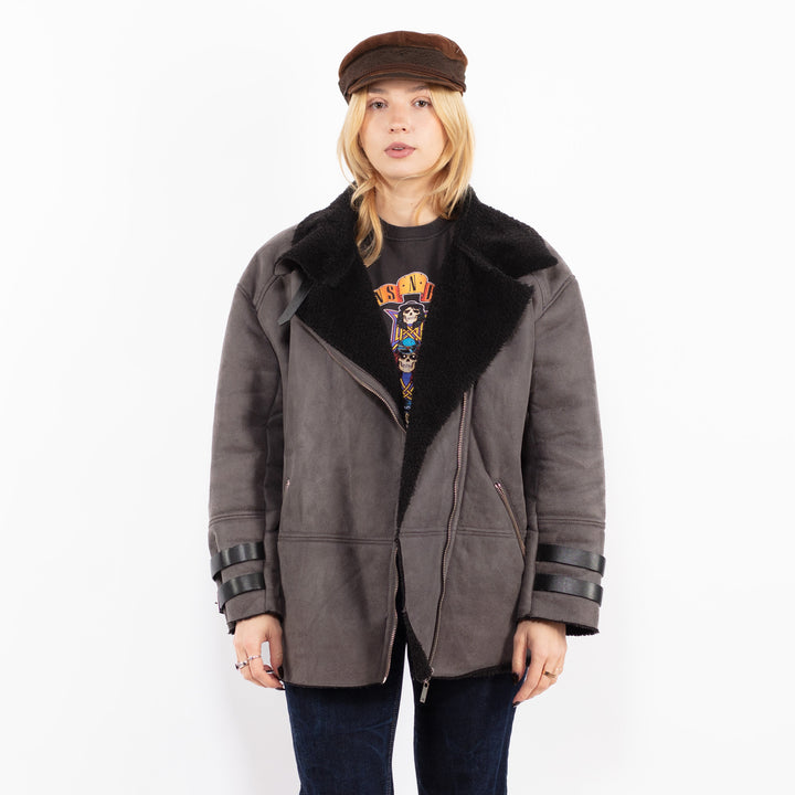 Vintage 00's Women Faux Sheepskin Coat in Gray