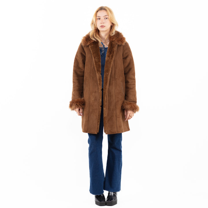 Vintage 90's Women Faux Sheepskin Coat in BrownA0074