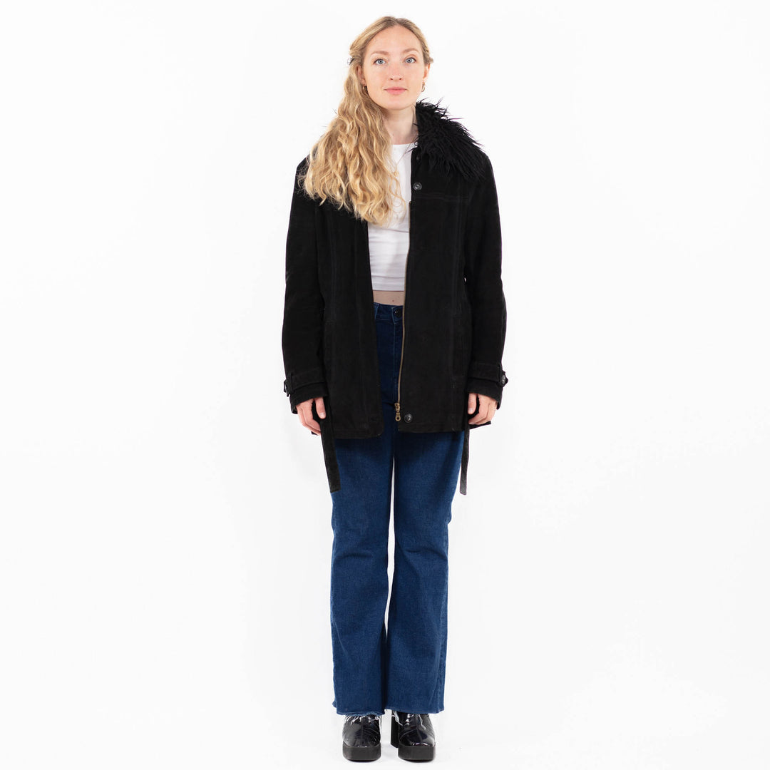Vintage 90's Women Suede Sherpa Coat in Black