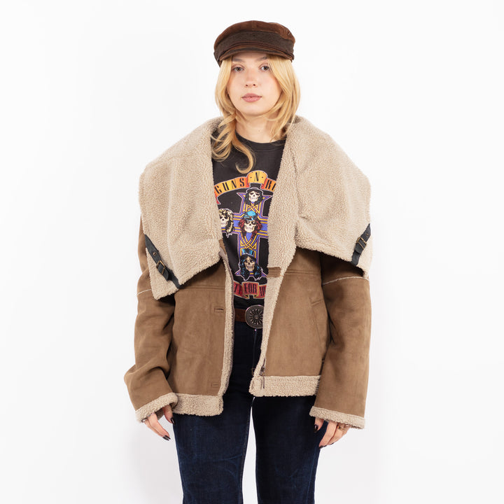 Vintage 90's Women Faux Shepskin Bomber Jacket in Beige