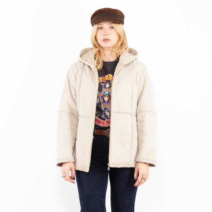 Vintage 90's Women Hooded Sherpa Jacket in Beige