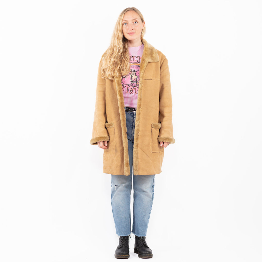 Vintage 90's Women Faux Sheepskin Coat in BeigeA0538