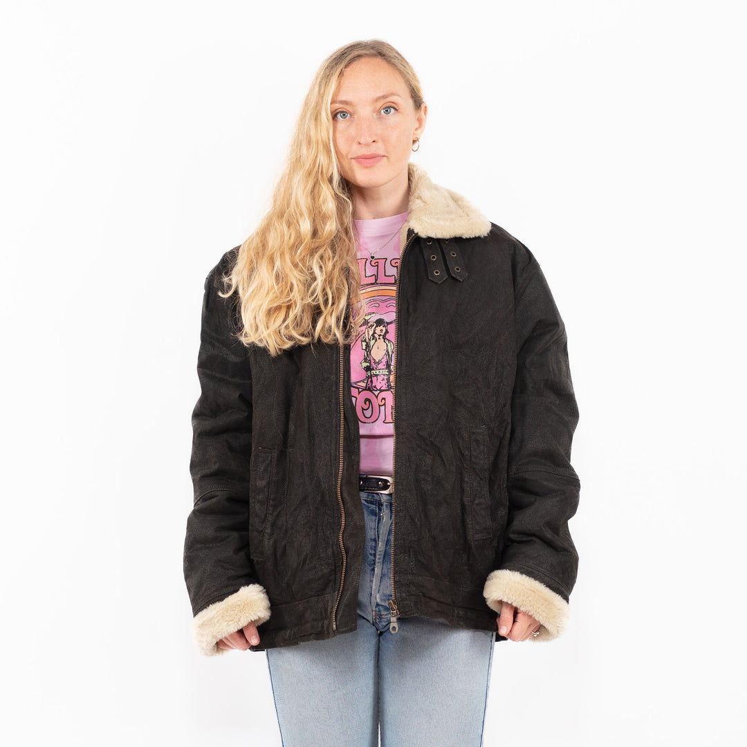 Vintage 90's Women Suede Sherpa Jacket in BlackA0539