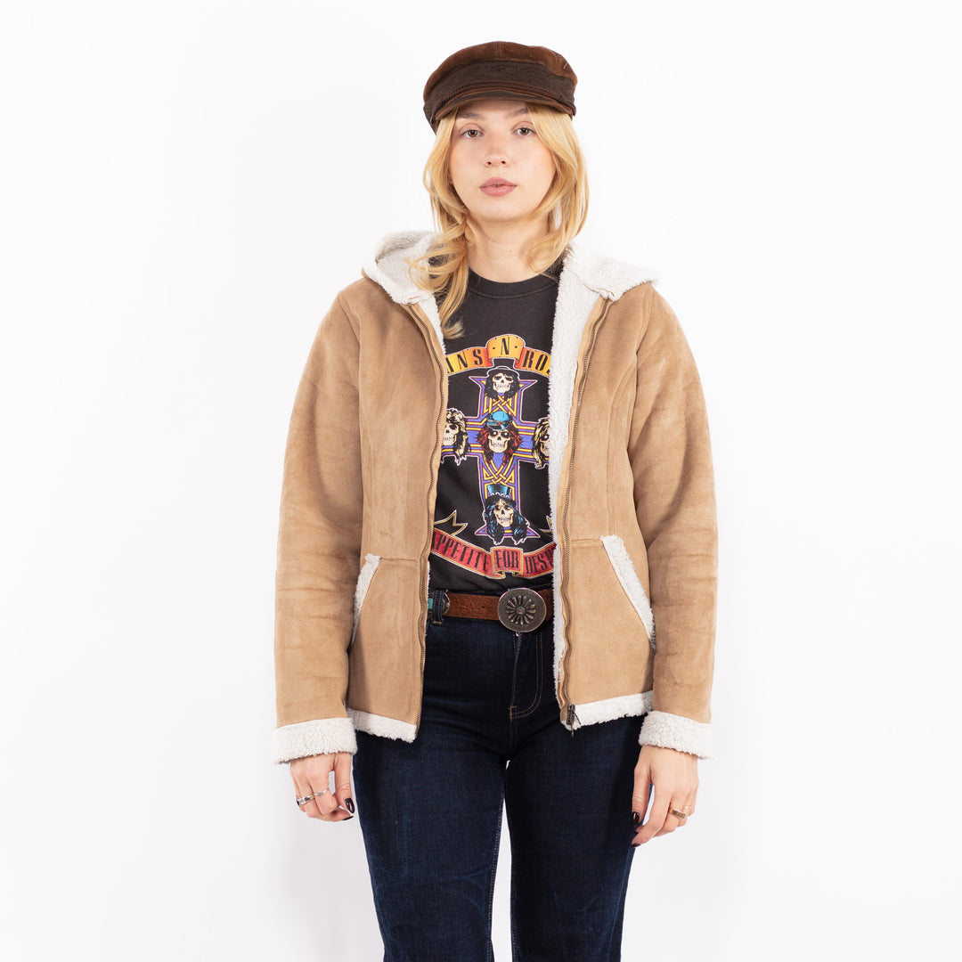 Vintage 90's Women Hooded Sherpa Jacket in Beige