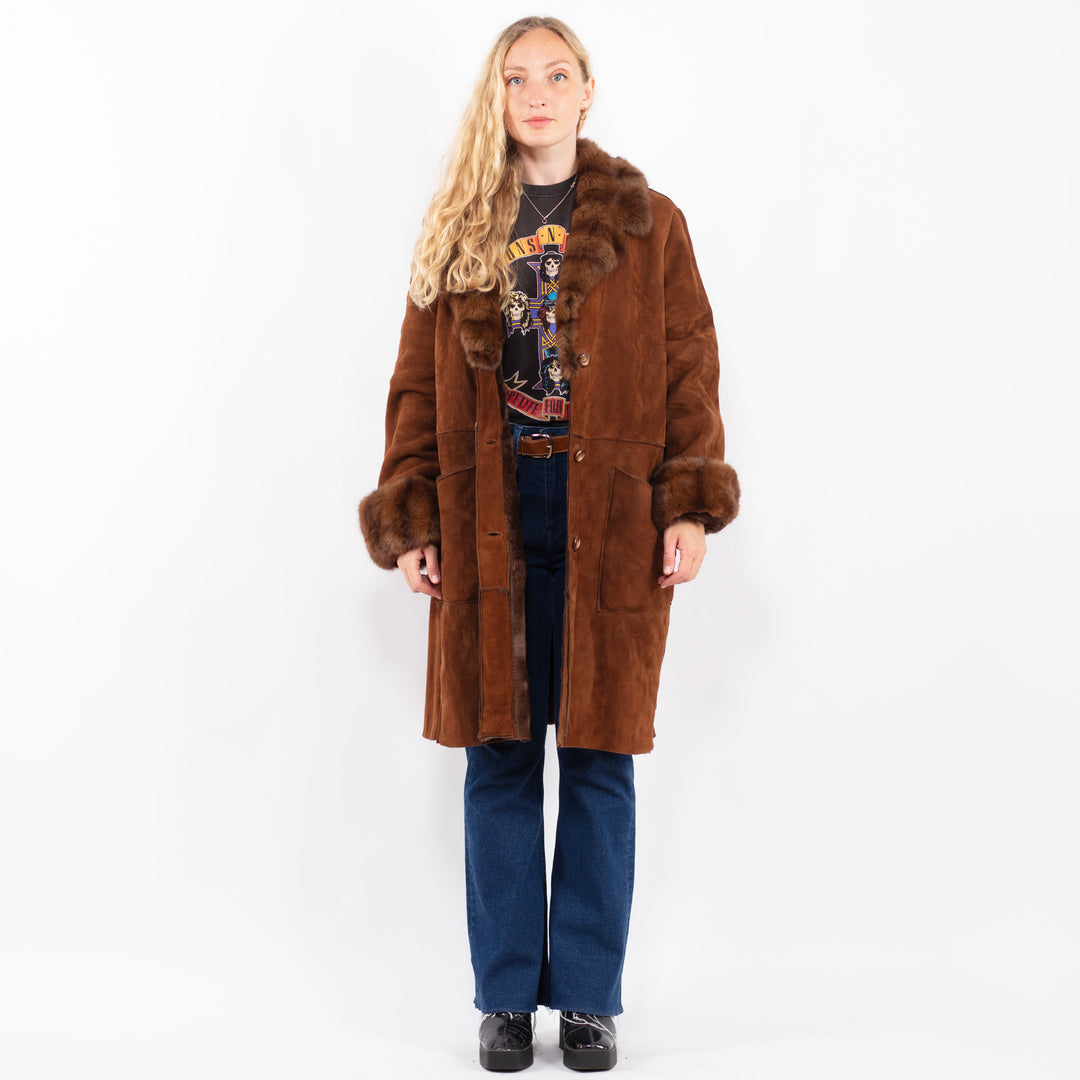 Vintage 80's Women Sheepskin Shearling Coat in BrownA0391