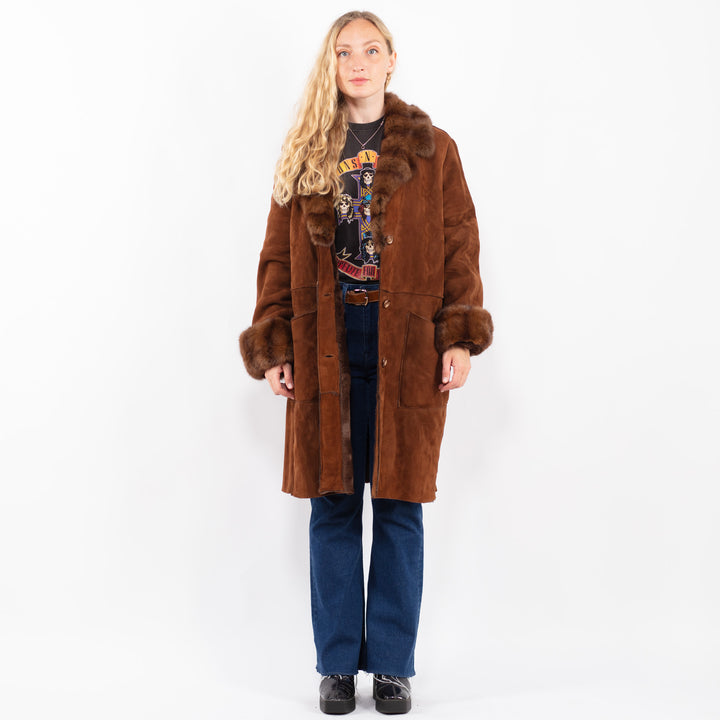 Vintage 80's Women Sheepskin Shearling Coat in BrownA0391