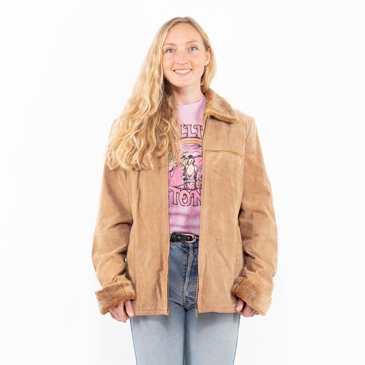 Vintage 90's Women Suede Sherpa Jacket in BeigeA0541