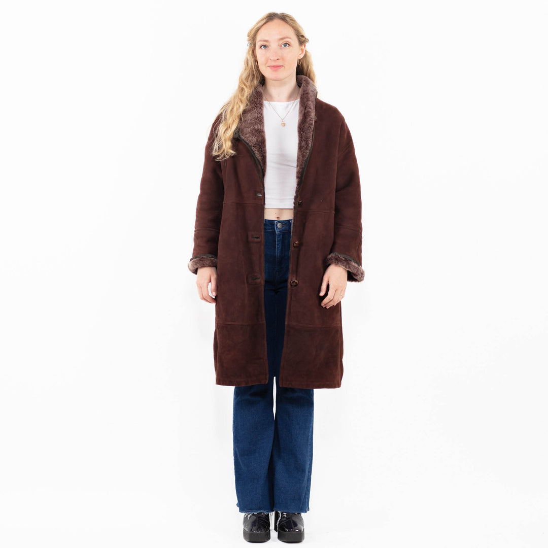 Vintage 90's Women Sheepskin Coat in Burgundy Brown