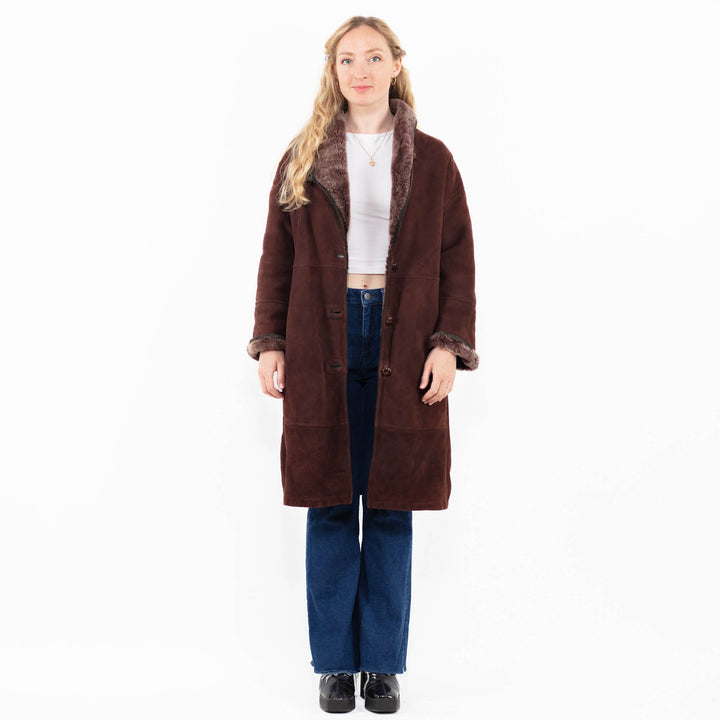 Vintage 90's Women Sheepskin Coat in Burgundy Brown