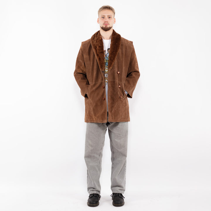 Vintage 90's Men Faux Sheepskin Coat in Brown