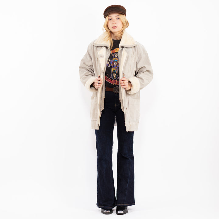 Vintage 90's Women Suede Sherpa Coat in Beige