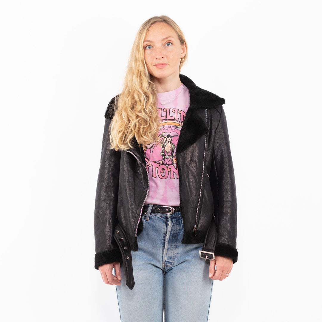 Vintage 00's Women Faux Sheepskin in BlackA0543