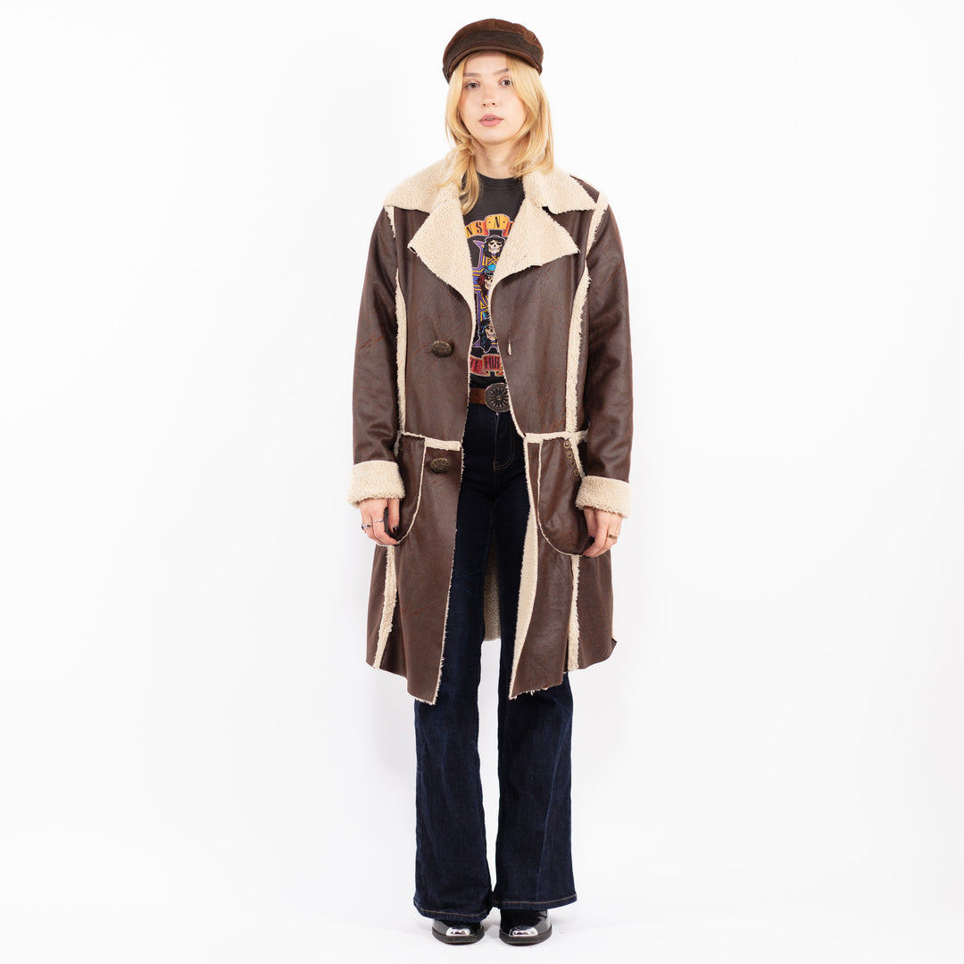 Vintage 90's Women Faux Sheepskin Coat in Brown