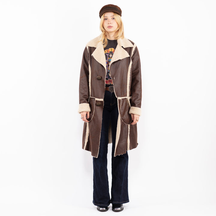 Vintage 90's Women Faux Sheepskin Coat in Brown