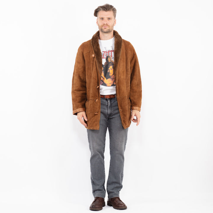 Vintage 80's Men Sheepskin Shearling Coat in BrownZ2085