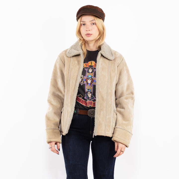 Vintage 90's Women Faux Sheepskin Jacket in Beige