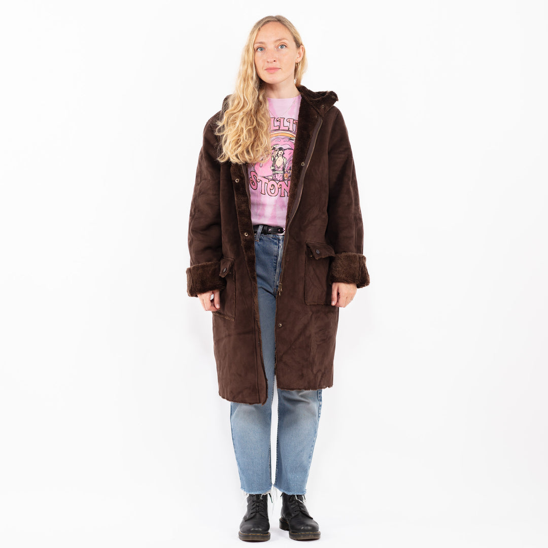 Vintage 90's Women Faux Sheepskin Coat in BrownA0545