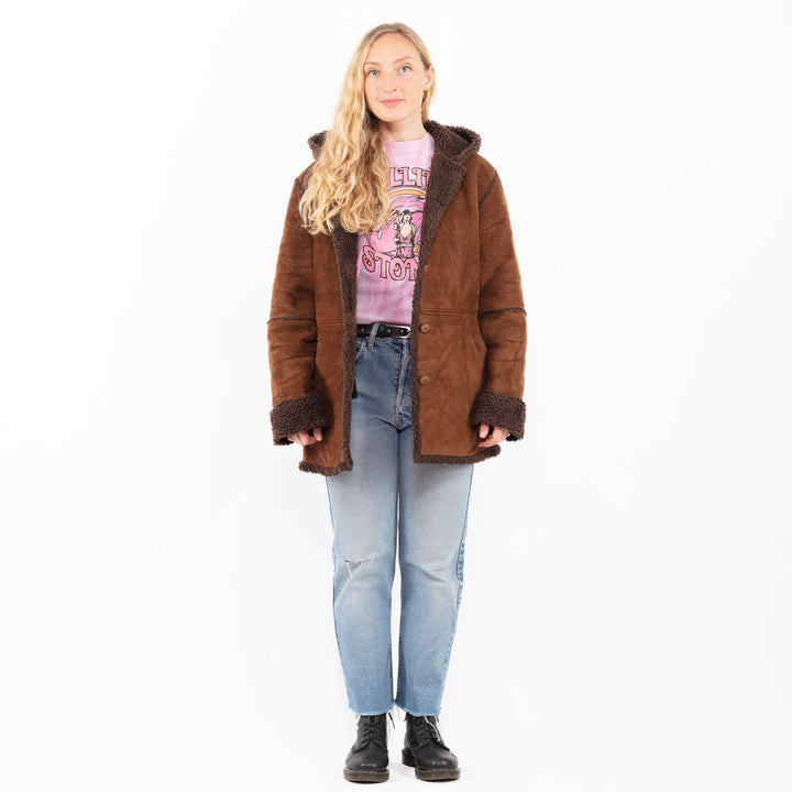 Vintage 90's Women Faux Sheepskin Coat in BrownA0549
