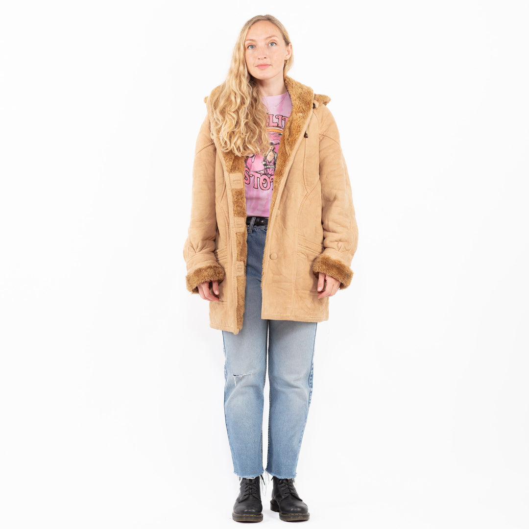 Vintage 90's Women Faux Sheepskin Coat in BeigeA0551