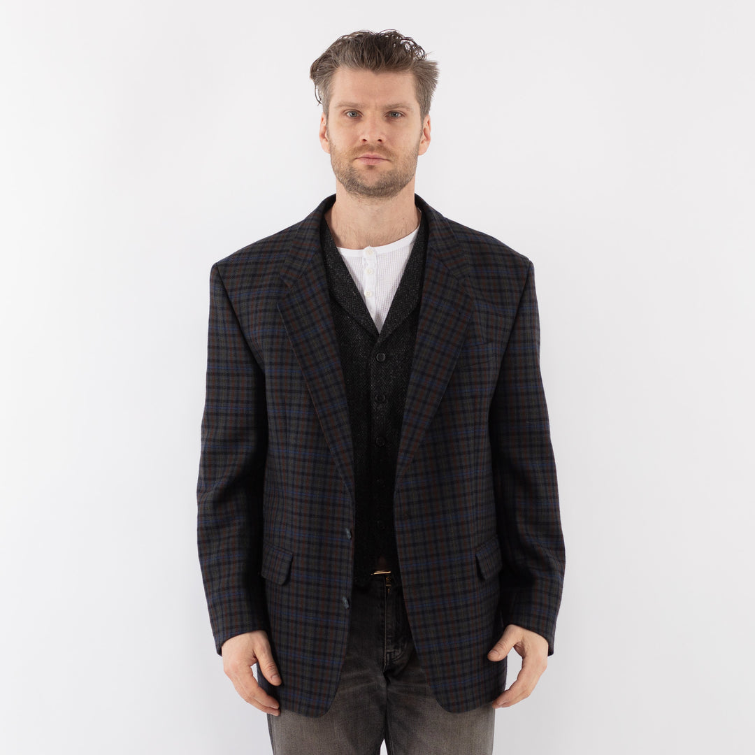 Vintage 90's Men Wool Blazer Jacket in Blue