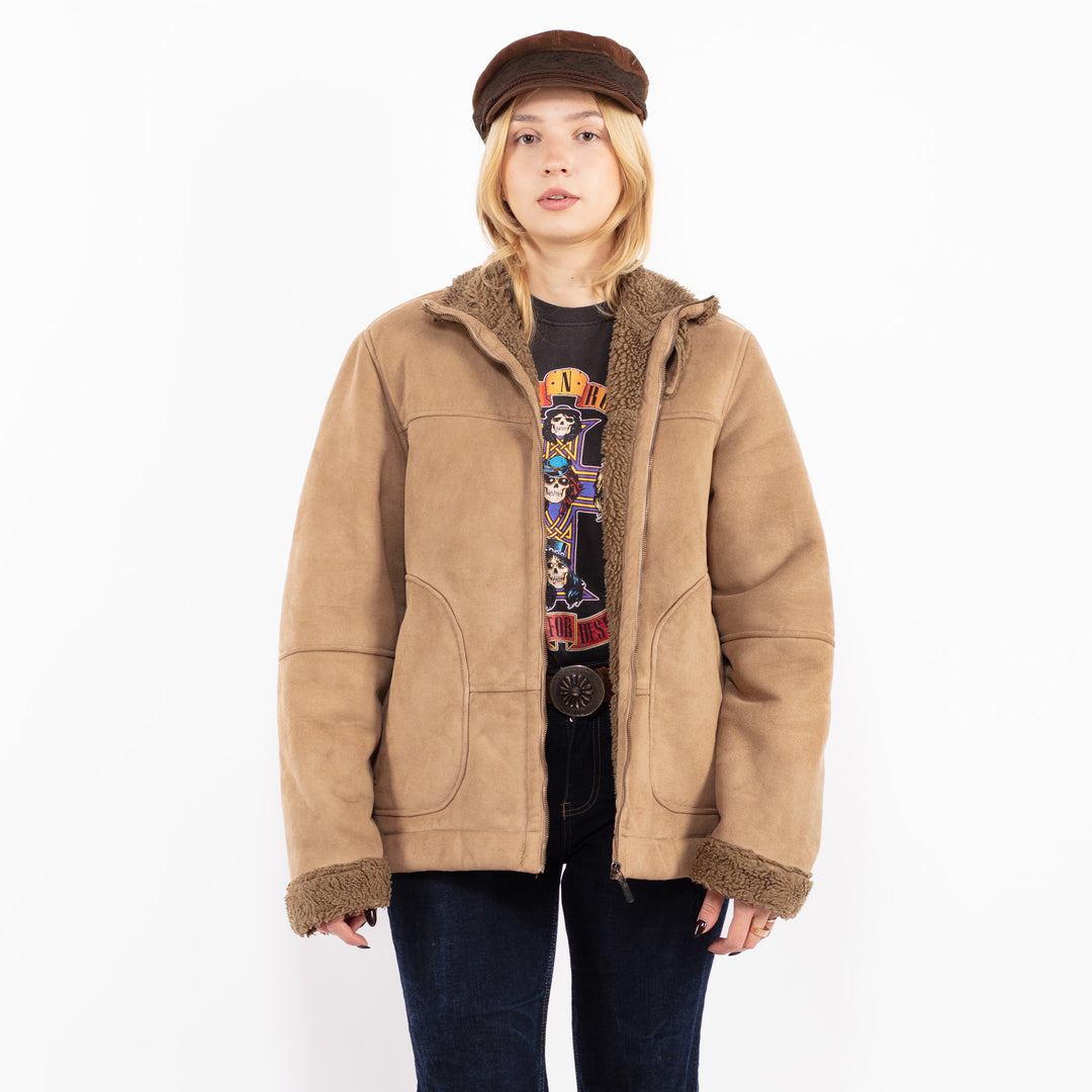 Vintage 90's Women Faux Sheepskin Jacket in Beige