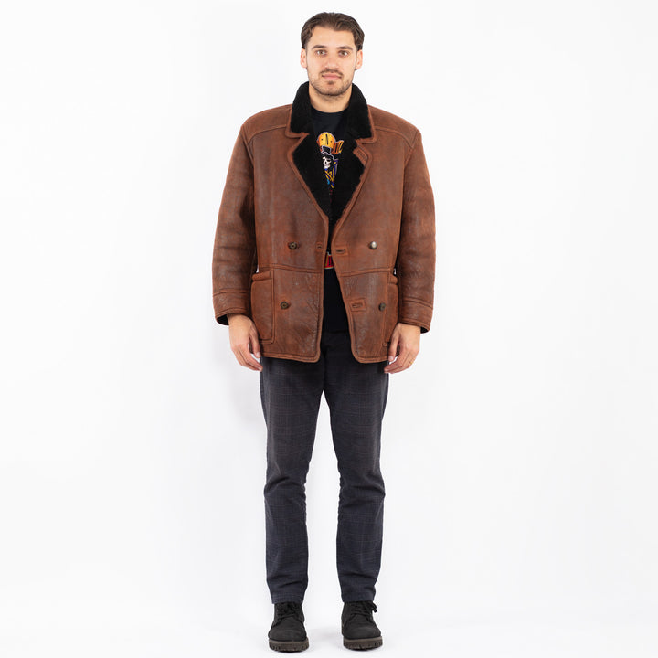 Vintage 80's Men Sheepskin Shearling Coat in BrownZ2409