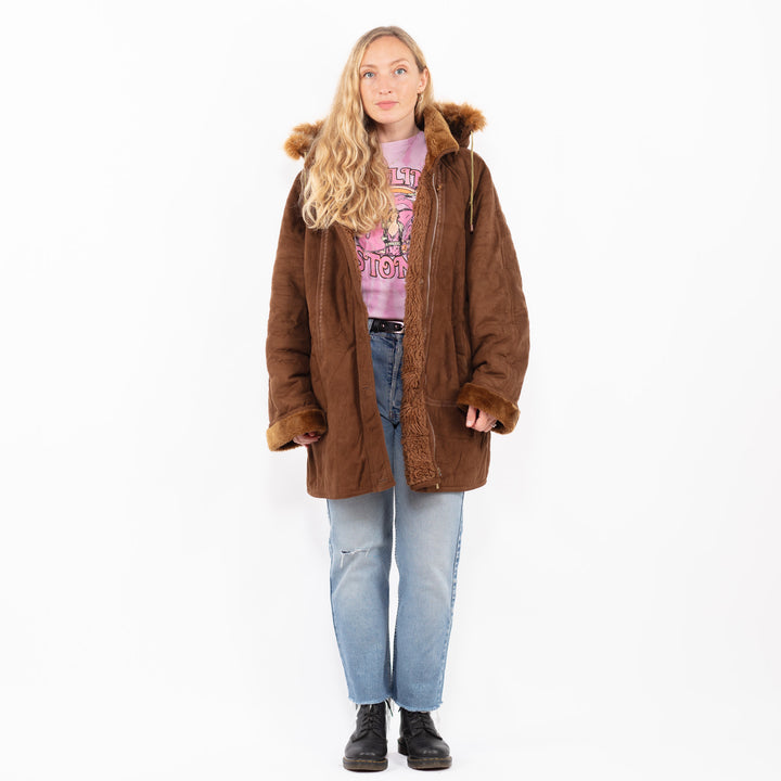 Vintage 90's Women Faux Sheepskin Coat in BrownA0552