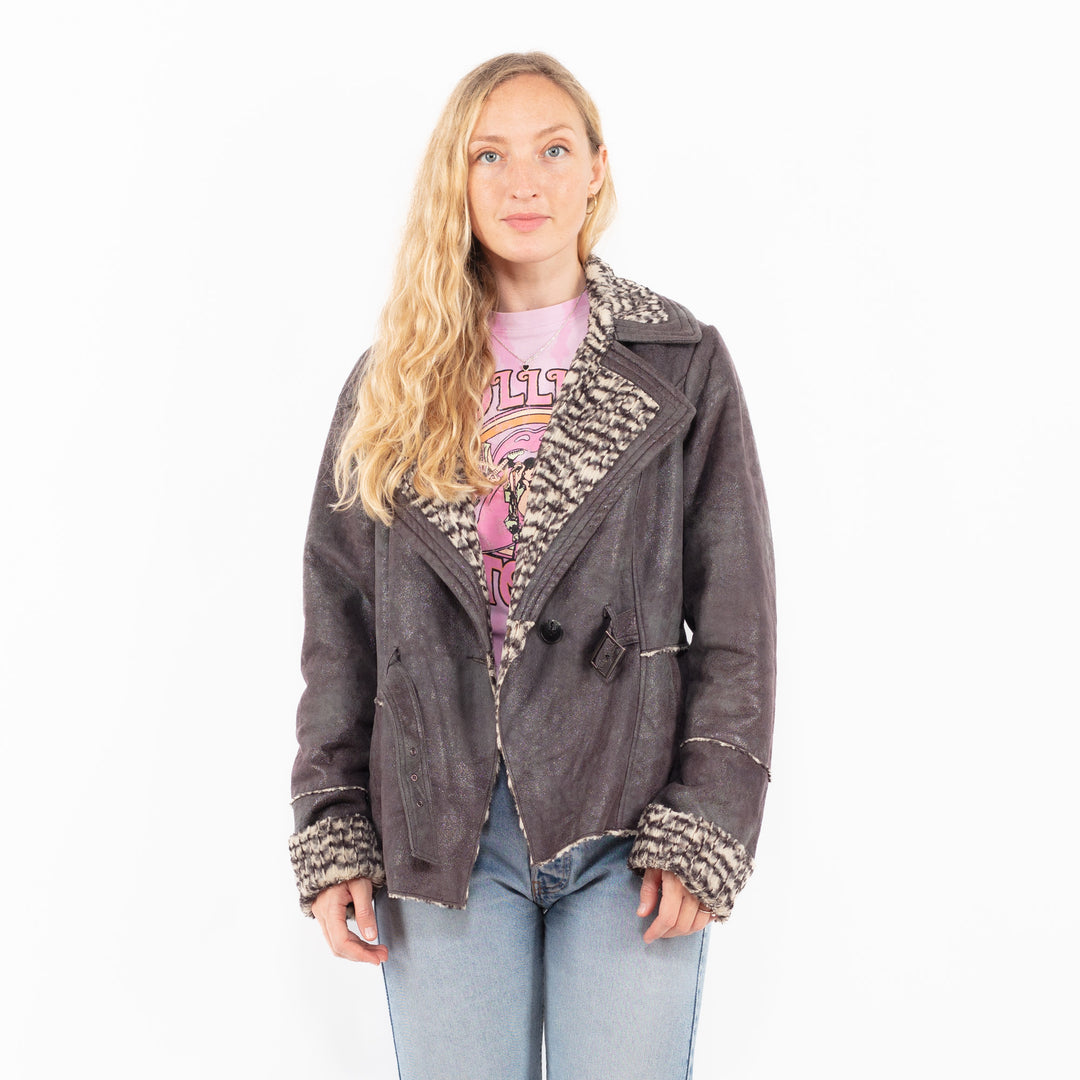 Vintage 00's Women Faux Sheepskin Jacket in GrayA0553