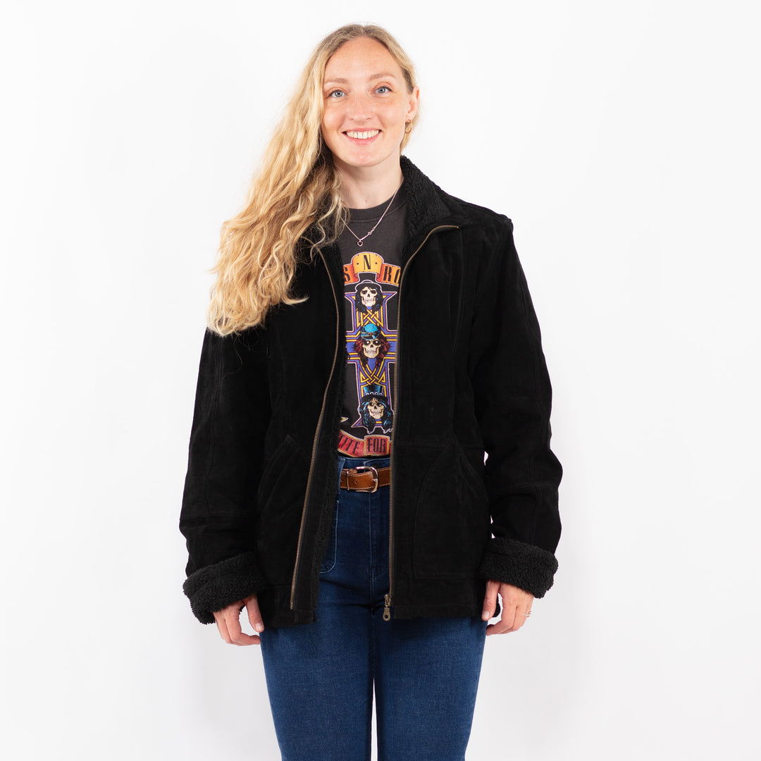 Vintage 90's Women Suede Sherpa Jacket in BlackA0405