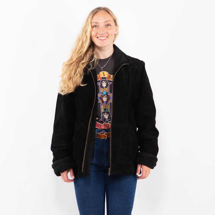 Vintage 90's Women Suede Sherpa Jacket in BlackA0405