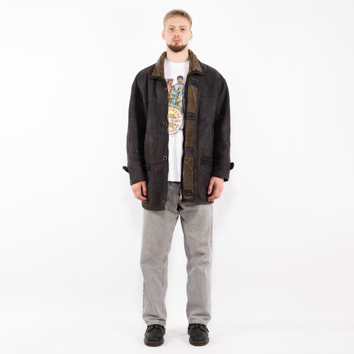 Vintage 90's Men Sheepskin Leather Coat in Black