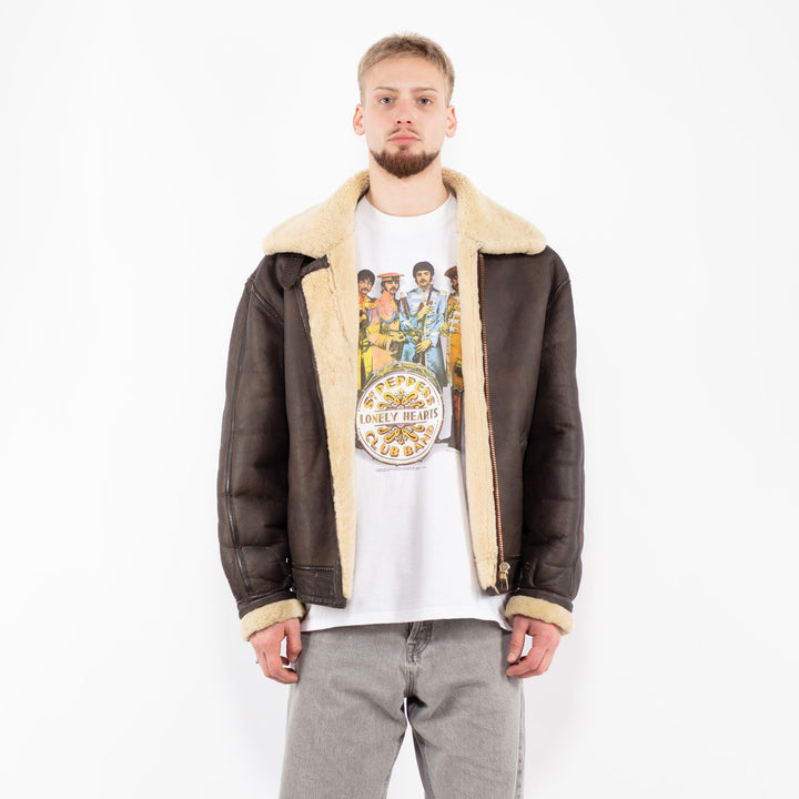 Vintage 80's Men B-3 Style Sheepskin Jacket in Brown