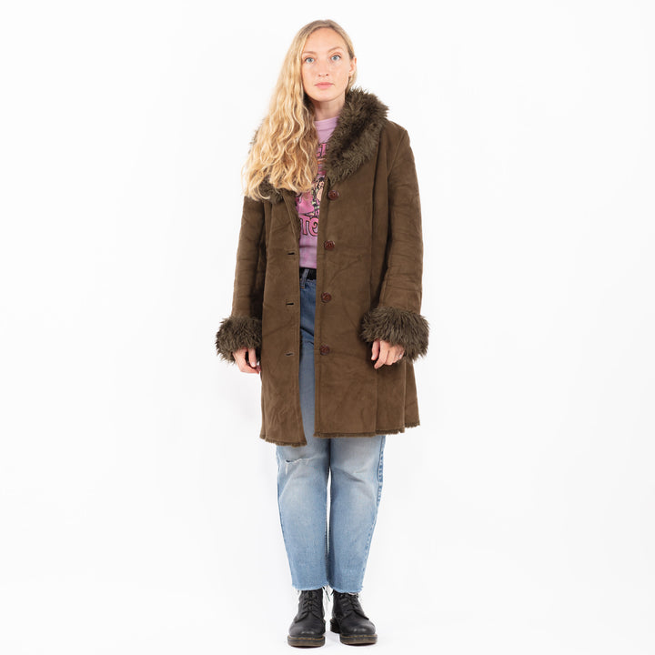Vintage 90's Women Faux Sheepskin Coat in GreenA0556