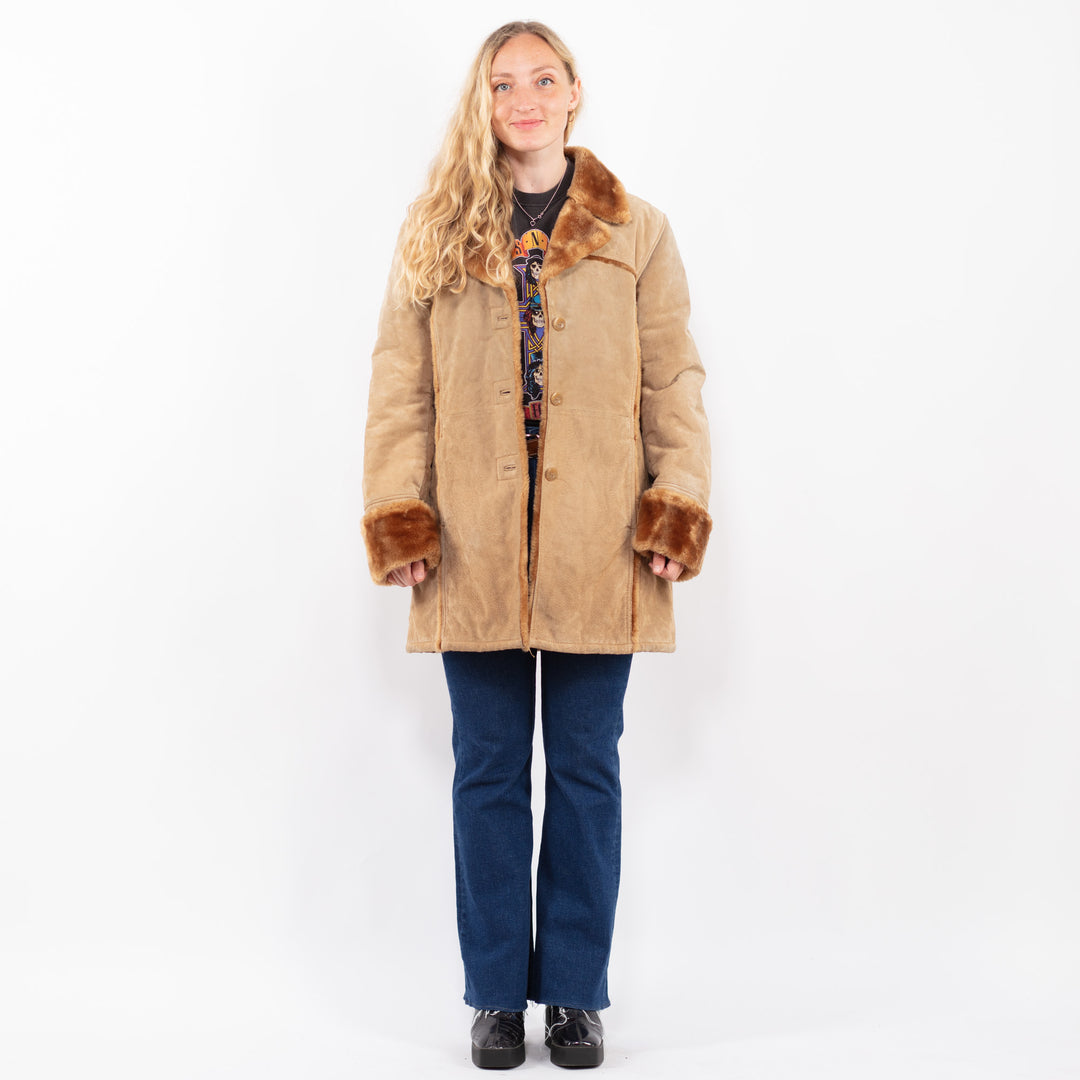 Vintage 00's Women Suede Sherpa Coat in BeigeA0409