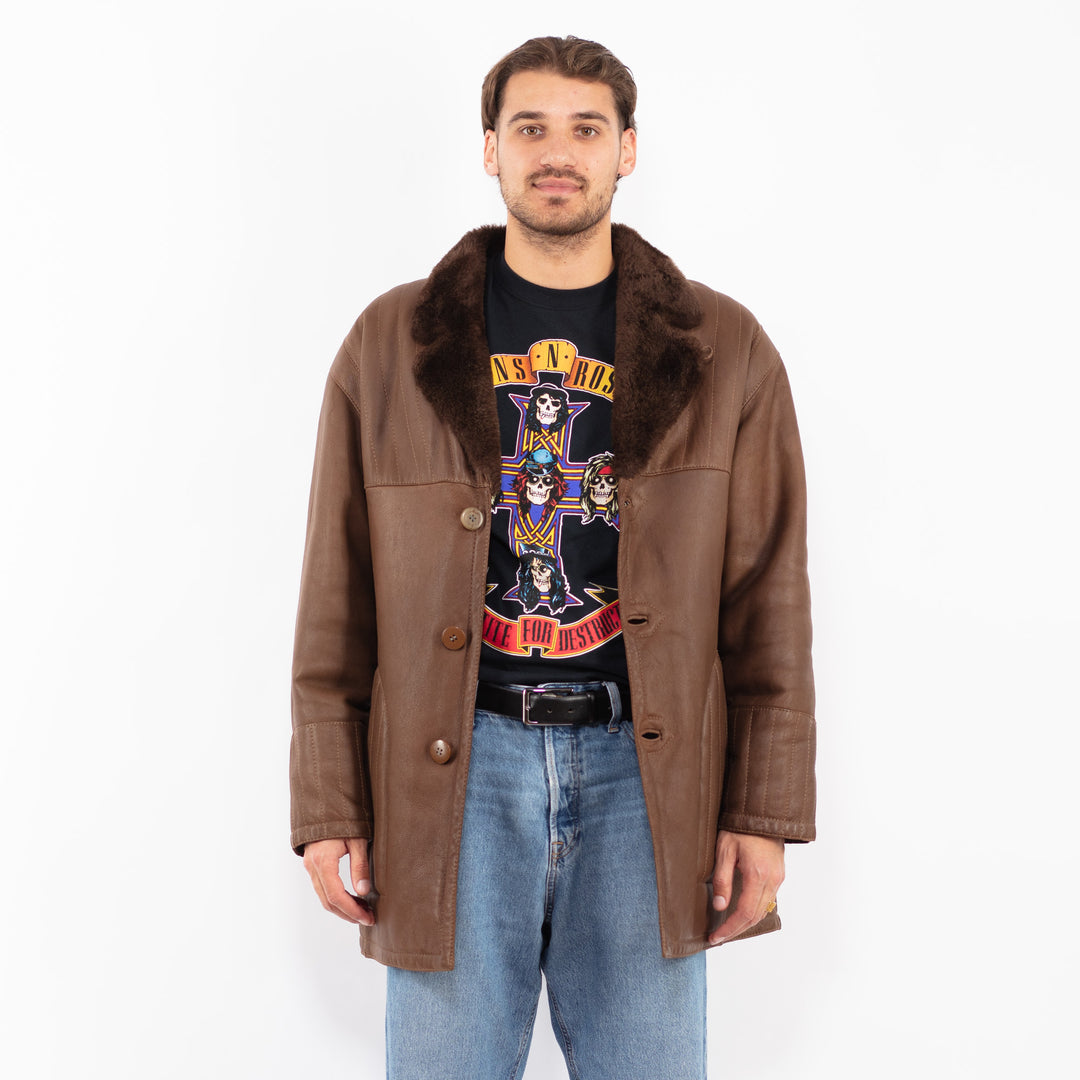 Vintage 70's Men Sheepskin Shearling Coat in Brown