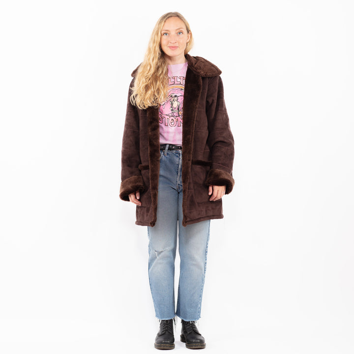 Vintage 90's Women Faux Sheepskin Coat in BrownA0559