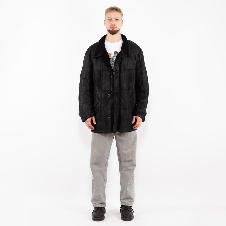 Vintage 00's Men Sheepskin Leather Coat in Black