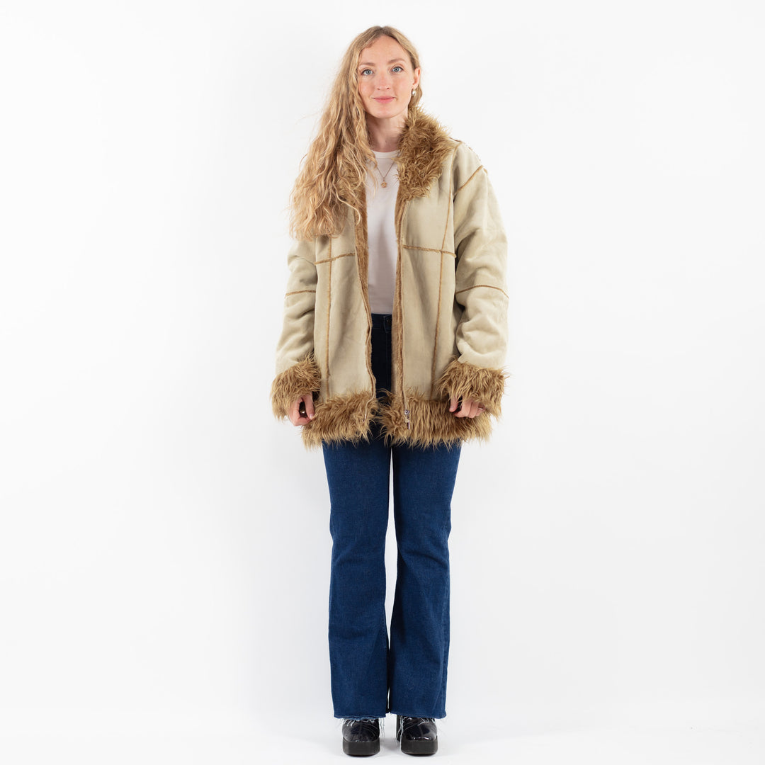 Vintage 90's Women Faux Sheepskin Coat in BeigeV9911