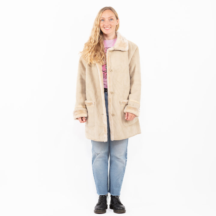 Vintage 90's Women Faux Sheepskin Coat in BeigeA0560