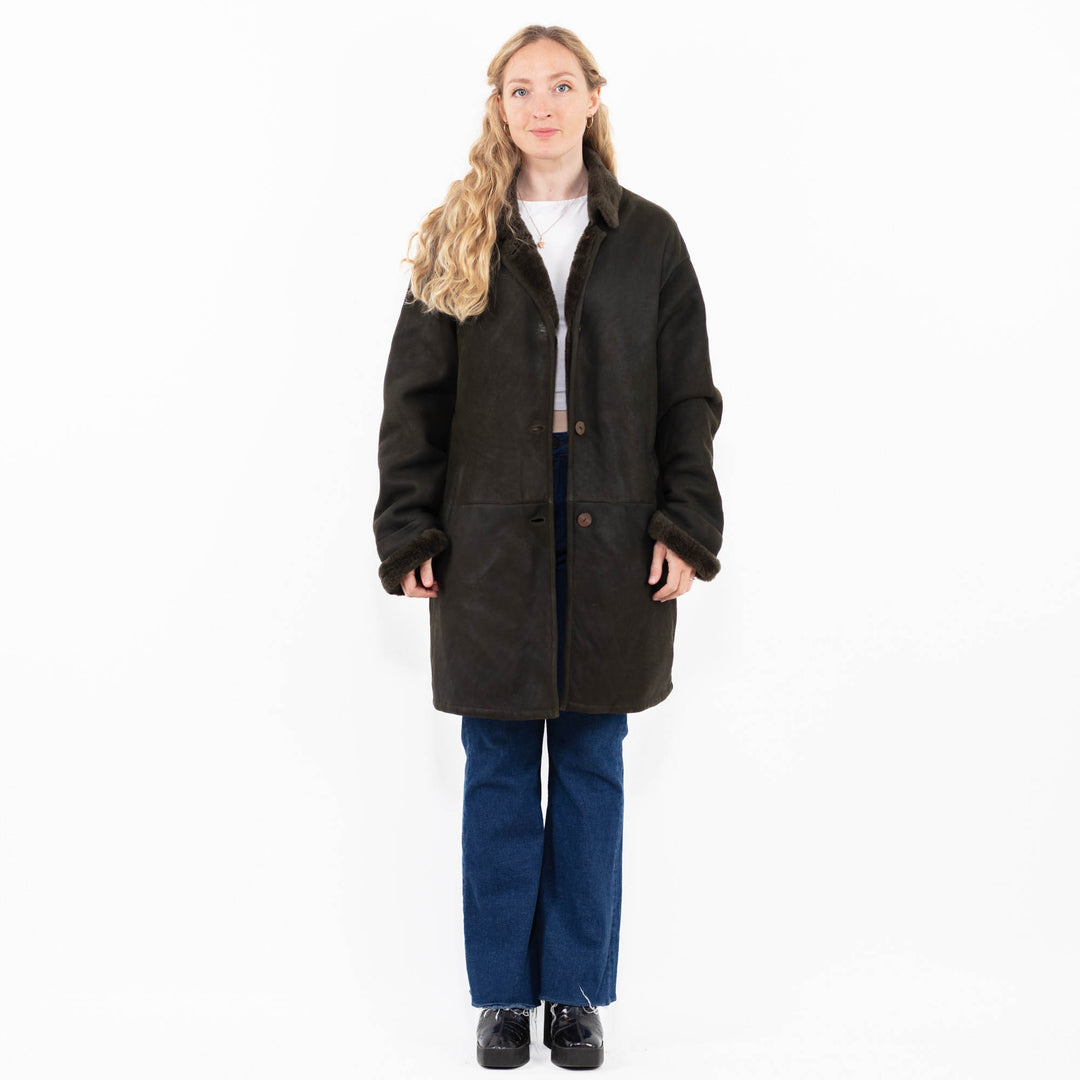 Vintage 90's Women Sheepskin Shearling Coat in Green
