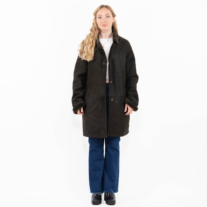Vintage 90's Women Sheepskin Shearling Coat in Green