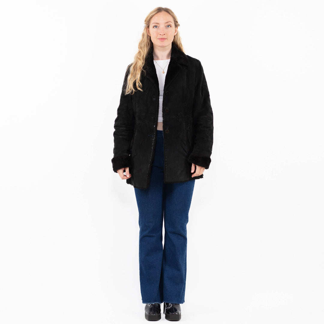 Vintage 90's Women Suede Sherpa Coat in Black