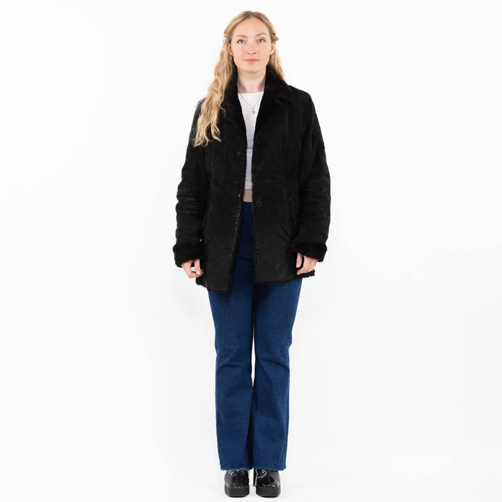 Vintage 90's Women Suede Sherpa Coat in Black
