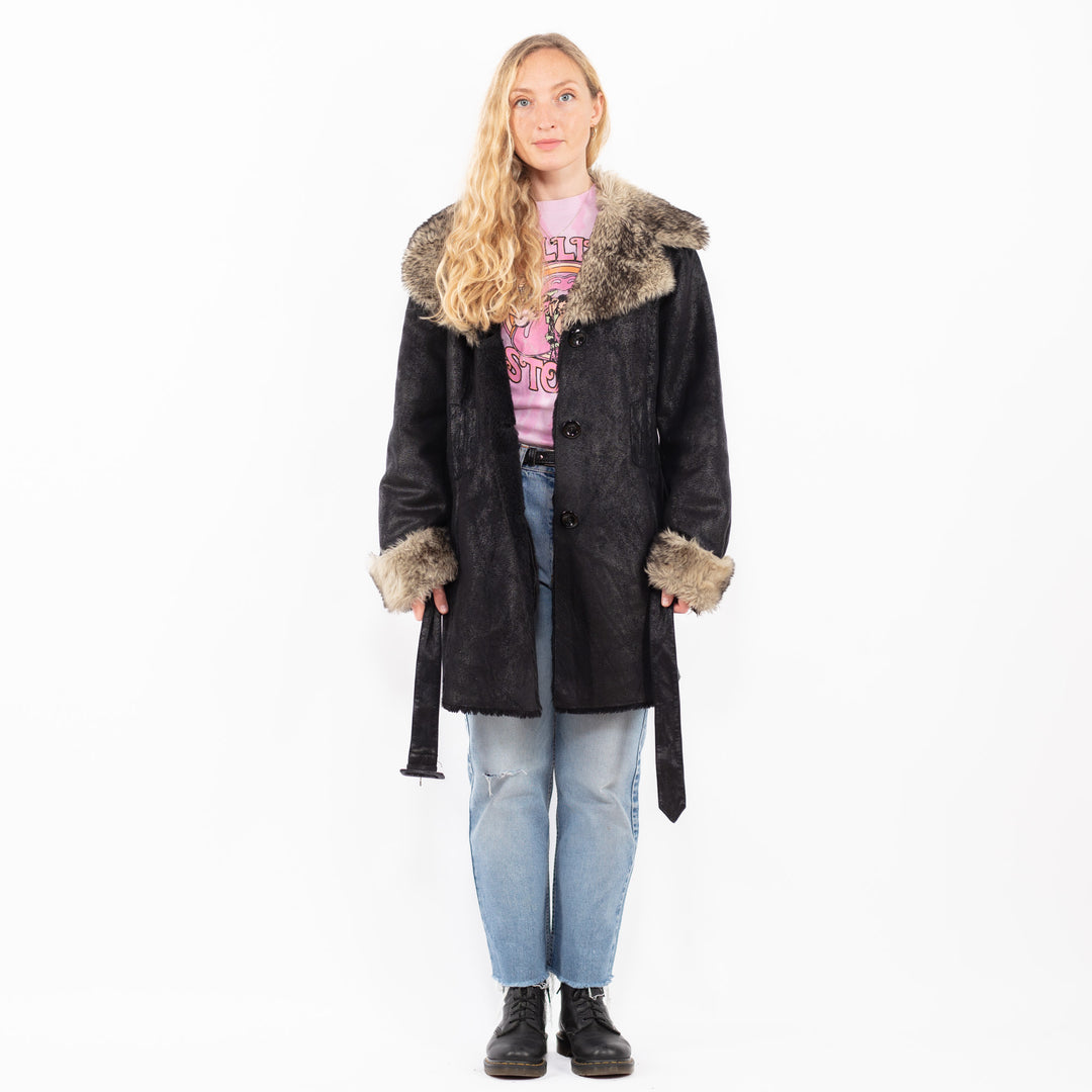 Vintage 00's Women Faux Sheepskin Coat in BlackA0568