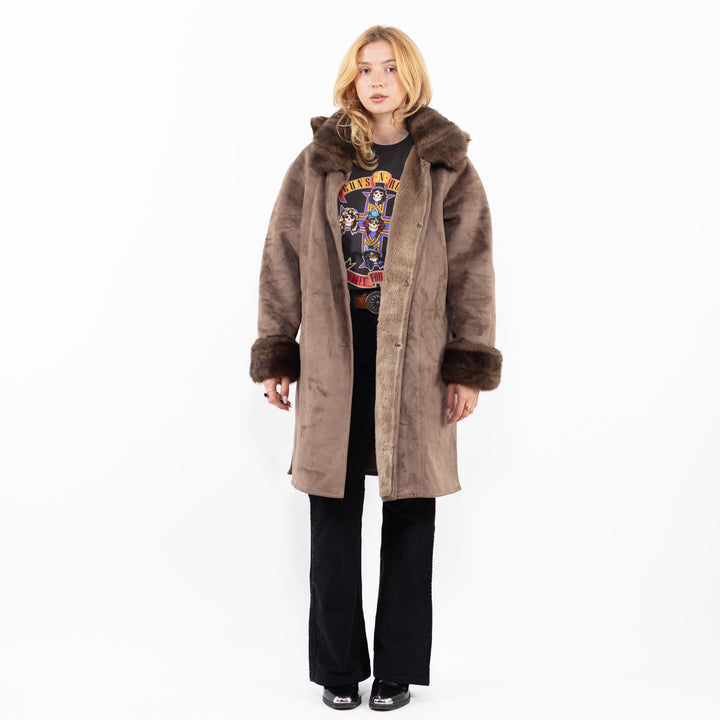 Vintage 90's Women Faux Sheepskin Coat in BeigeA0214