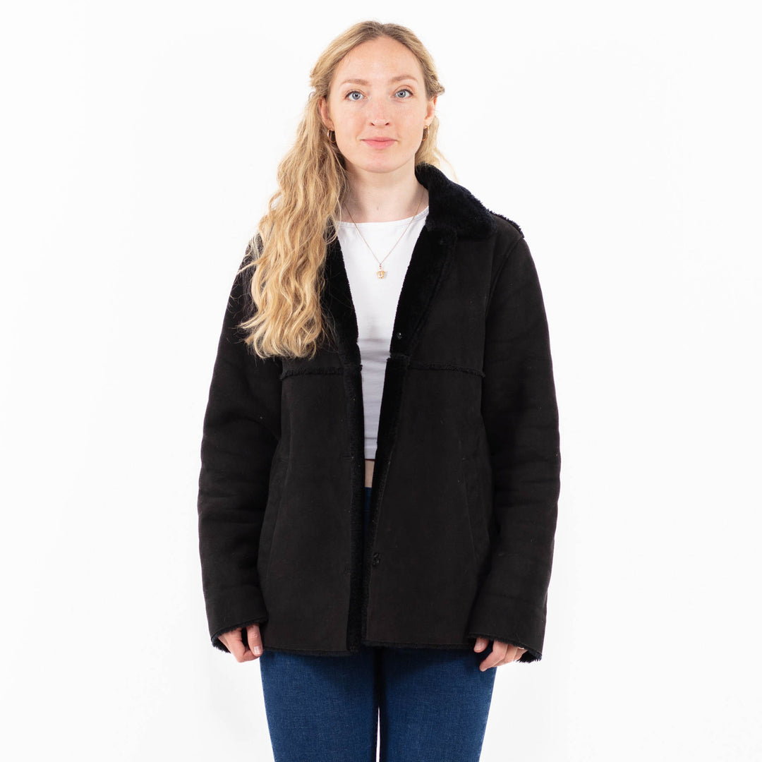 Vintage 90's Women Faux Sheepskin Jacket in Black