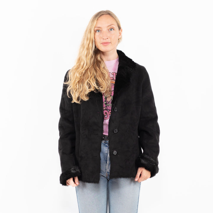 Vintage 90's Women Faux Sheepskin Jacket in BlackA0570