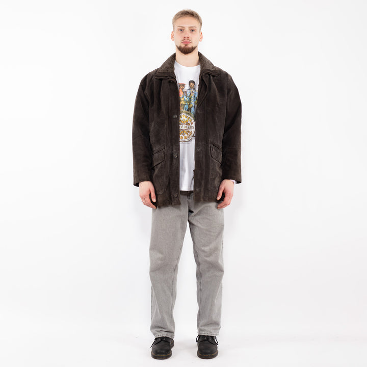 Vintage 90's Men Suede Sherpa Coat in Gray Brown