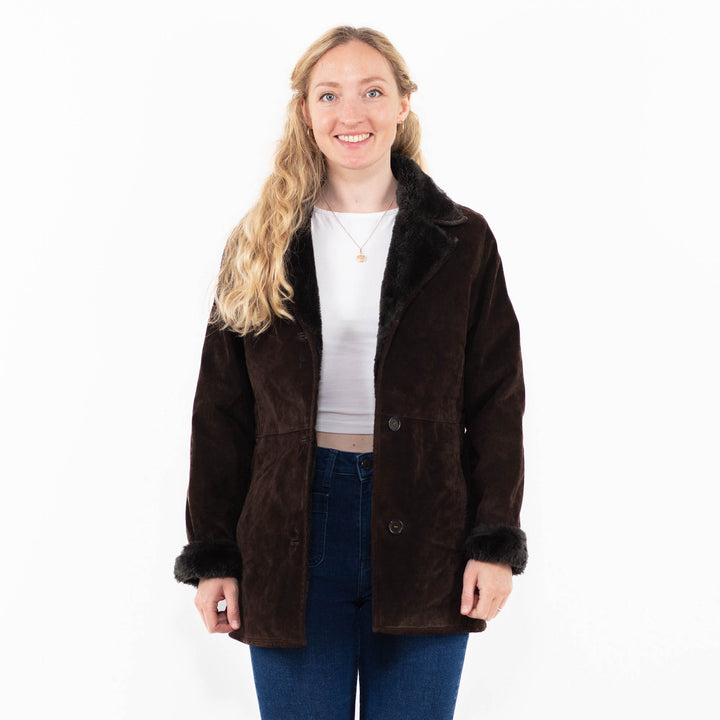 Vintage 90's Women Suede Sherpa Coat in Brown