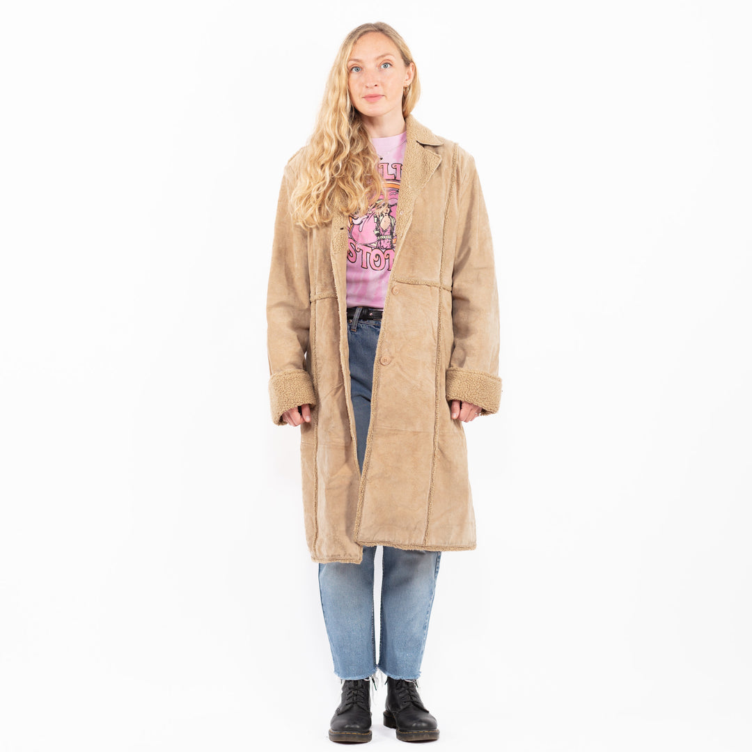 Vintage 90's Women Suede Sherpa Coat in BeigeA0573